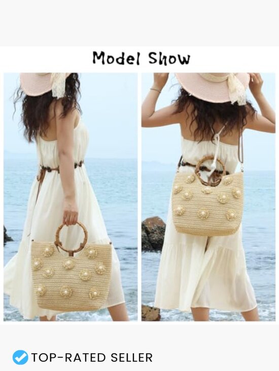 Amazon.com: Summer Straw Bag for Women Pearl Flower Bucket  Straw Woven Tote Beach Handbag with Flower Pearls Adjustable Crossbody
